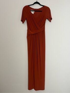 BHLDN Rust Terracotta Ruched Faux Wrap Maxi‎ Dress Formal Wedding Guest US 4